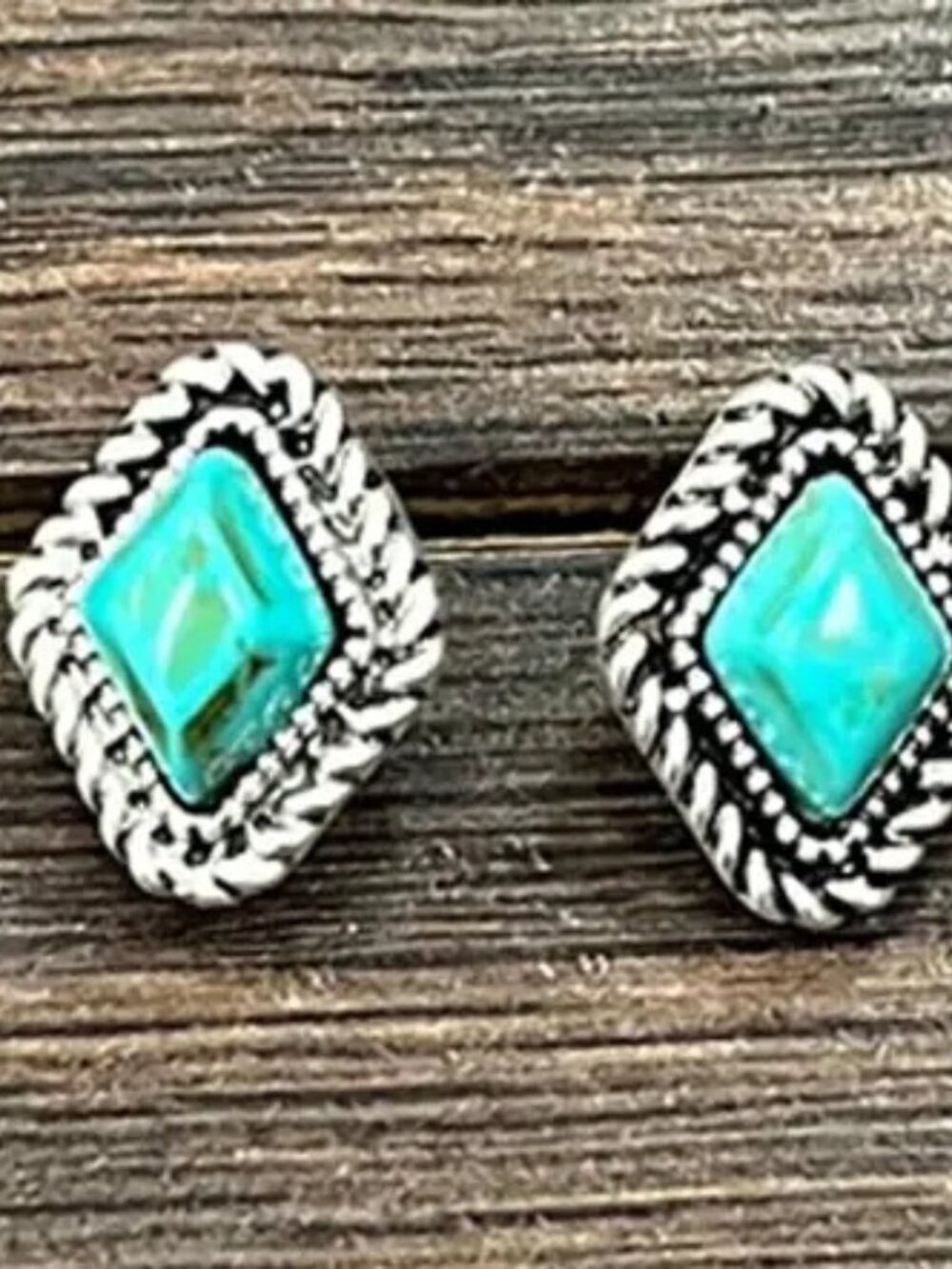 Turquoise Stud Earrings Western Boho Southwestern Rodeo Silver Rope Studs - Picture 1 of 3